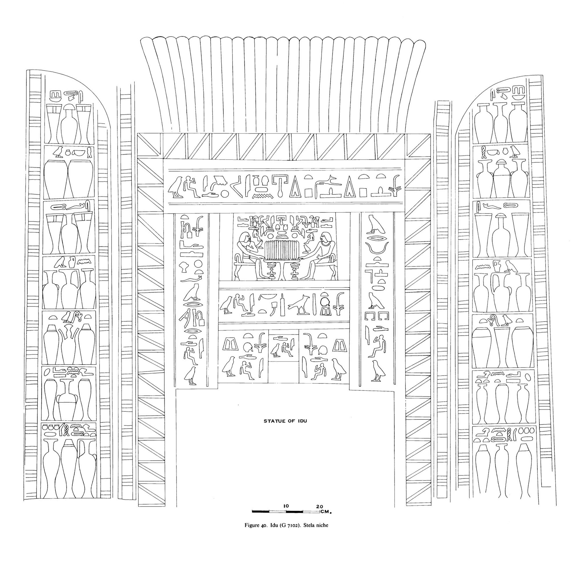 line drawing of designs and glyphs surrounding idu's false door.