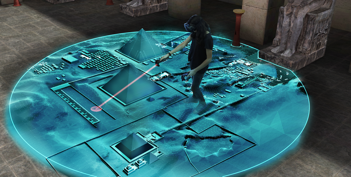 A person with a virtual reality headset viewing a computer-rendered Egyptian archaeological site.
