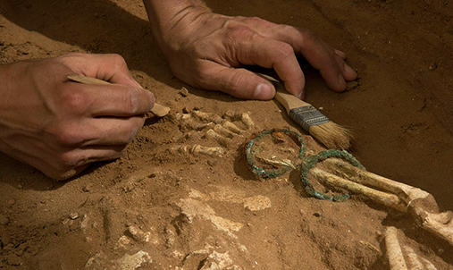 Close up of a person excavating an archaeological site