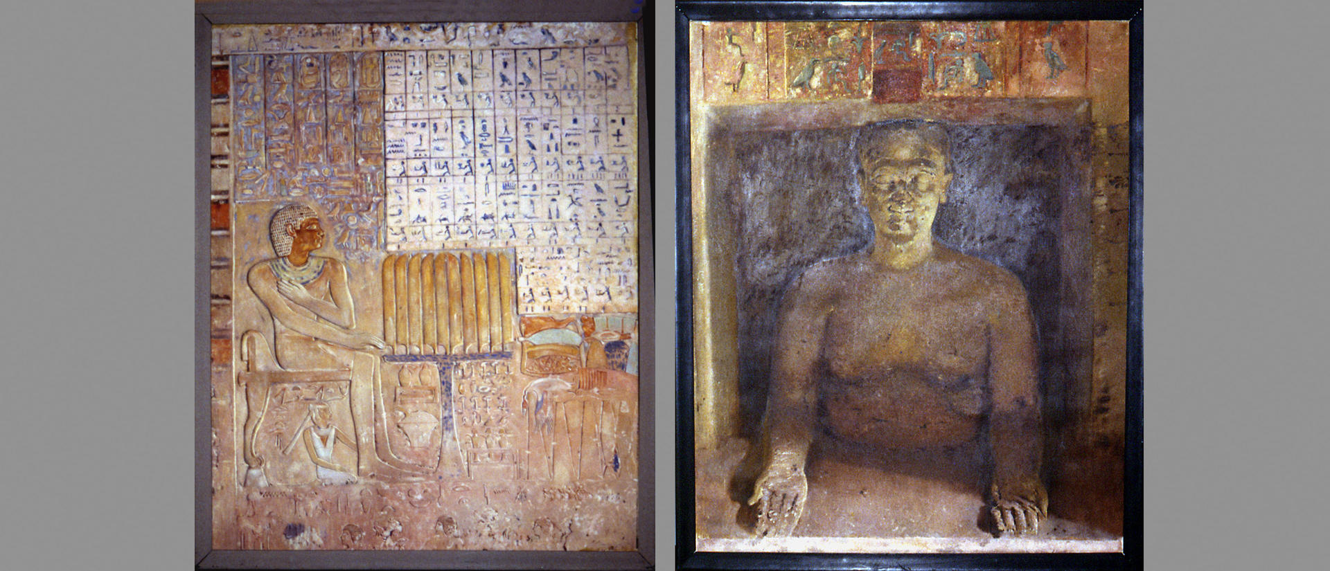 two images: painting of west wall offering scene from idu chapel; painting of idu false door statue.