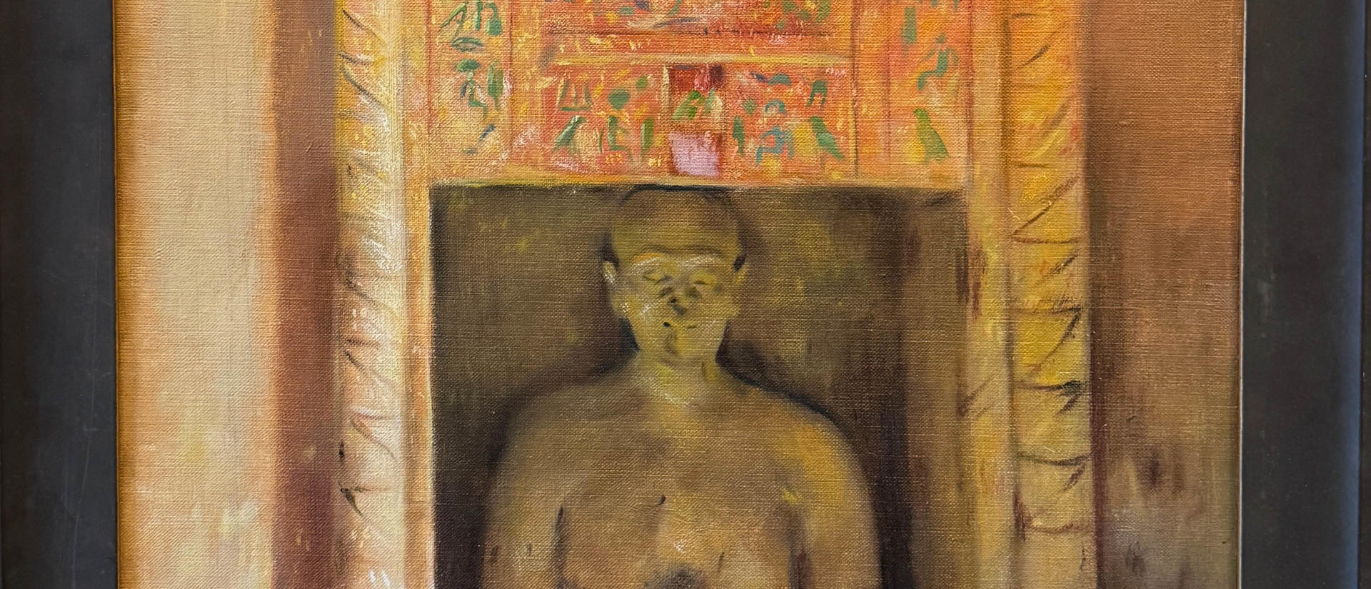 painting of an interior of Idu's tomb shows idu's upper body and colorful glyphs.