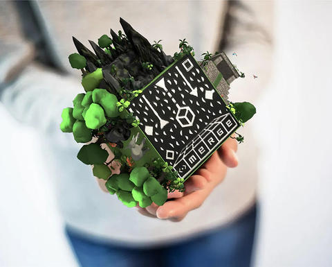 A computer generated image of a fantastical CGI cube in a person's hands.